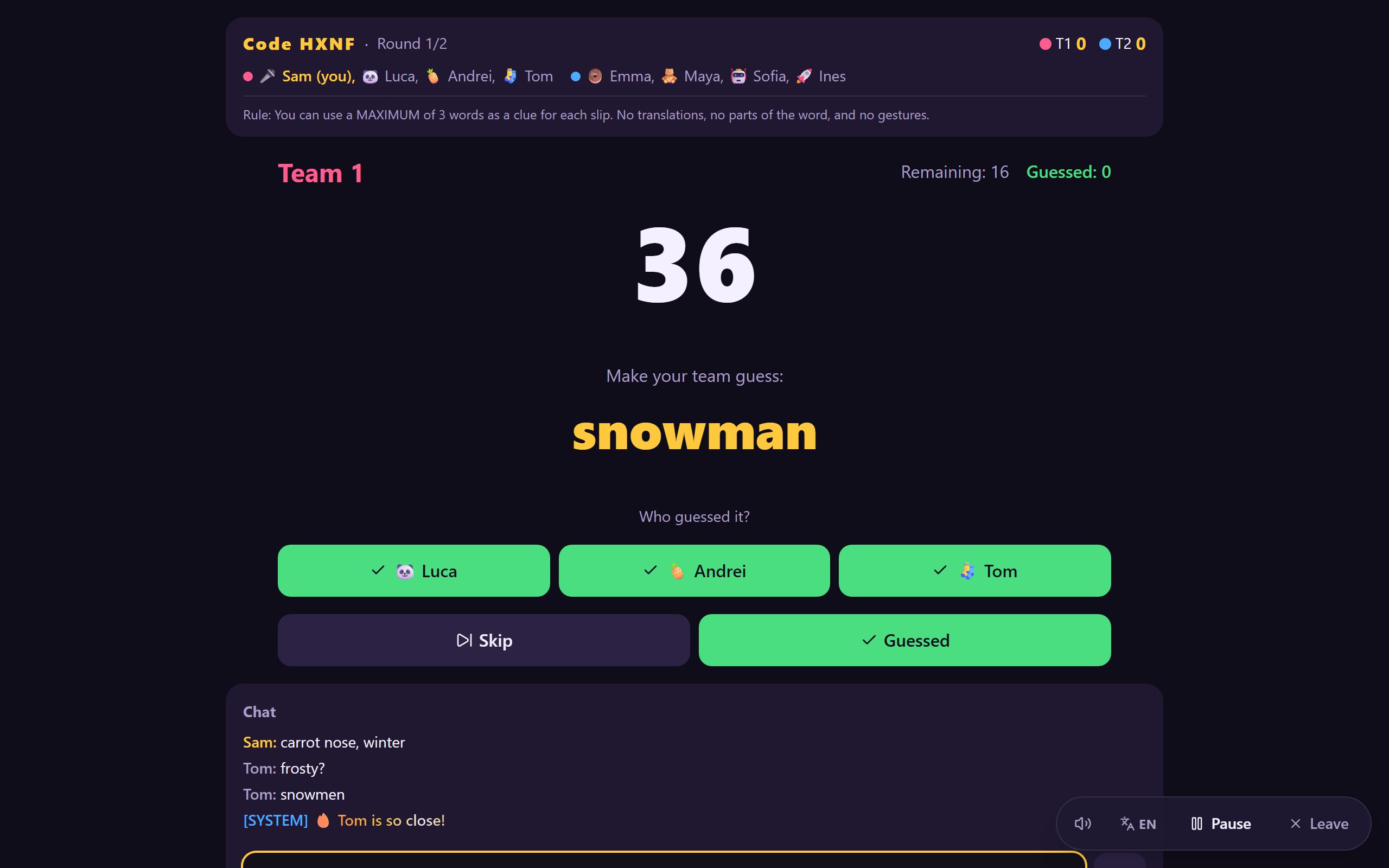Bileteles describe round - the describer sees the secret word and the timer while their team guesses in chat