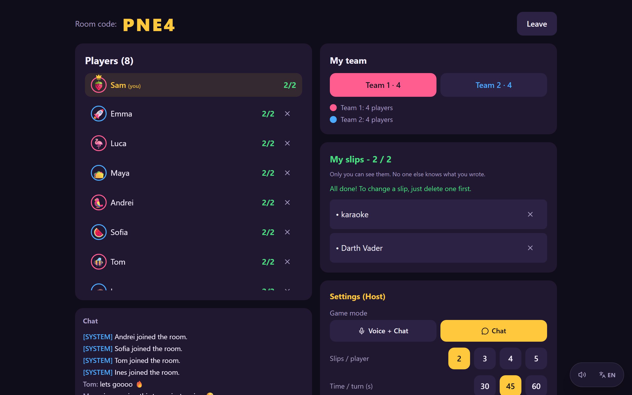 Bileteles game lobby with eight players split into two teams, slips written and ready to start